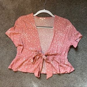 Pink floral tie front crop top